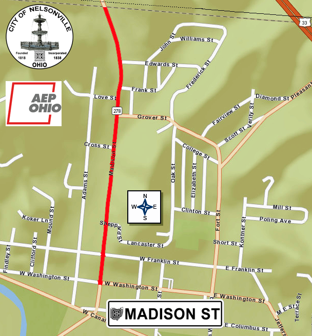 map showing Madison Street location in Nelsonville, Ohio