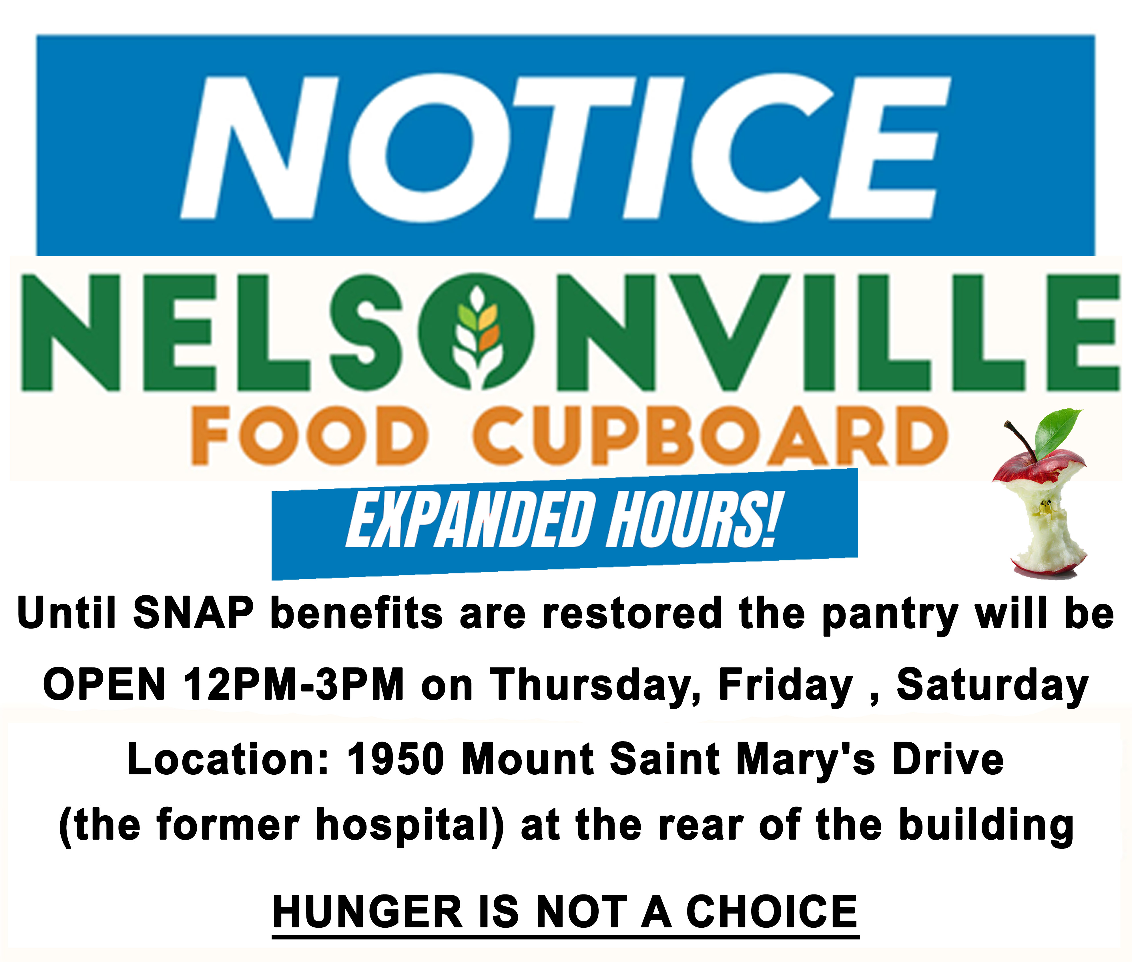 Food Cupboard info graphic announcing expanded hours